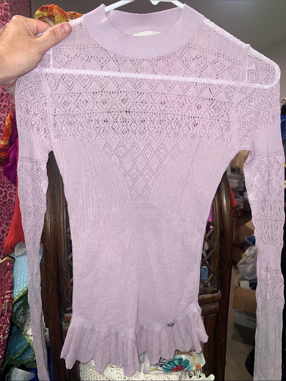 Ted Baker Light Purple Lace-Knit Ruffle-Hem Long Sleeve Top